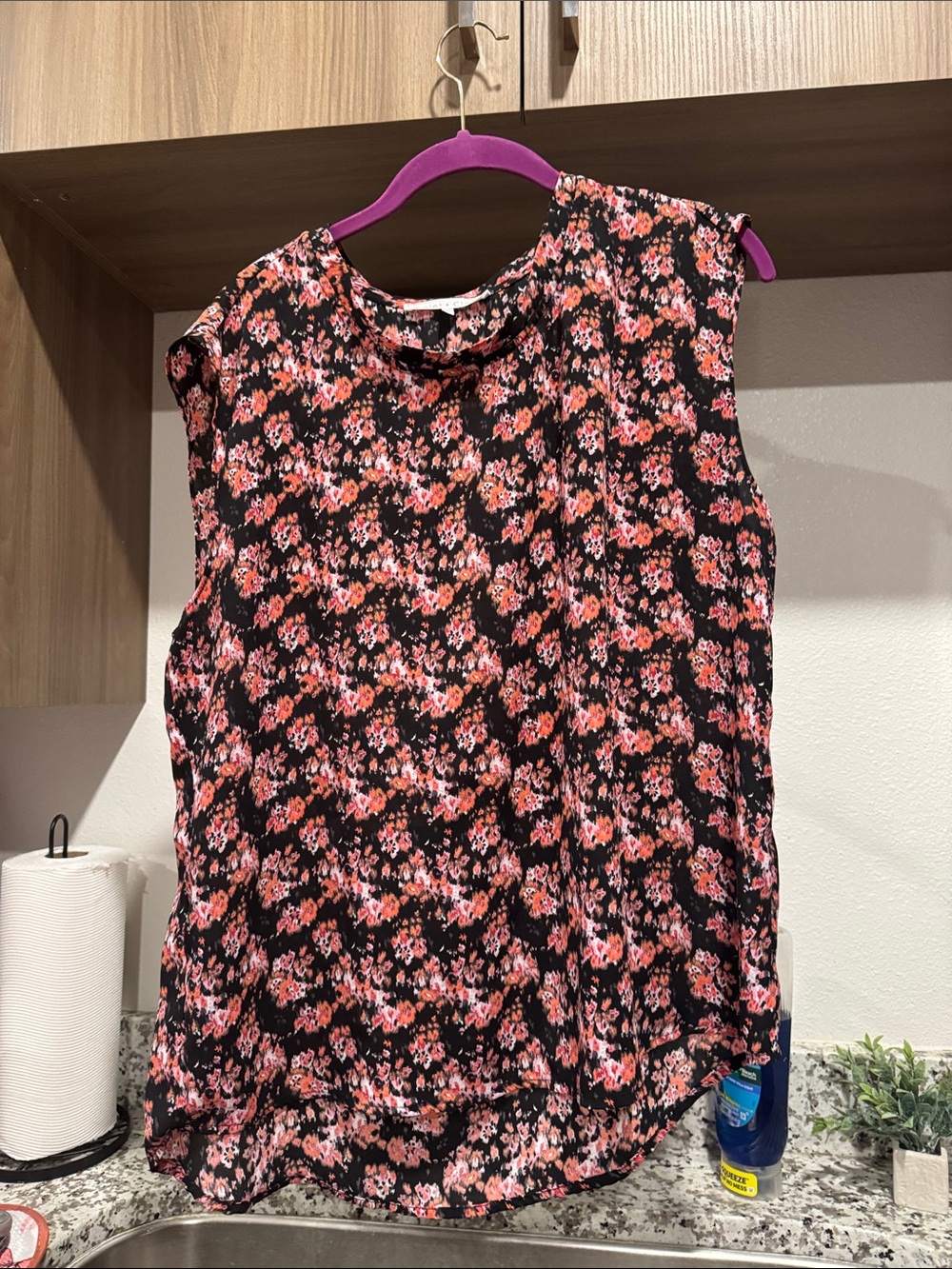 Violet & Claire Black Sleeveless Blouse with Pink Floral